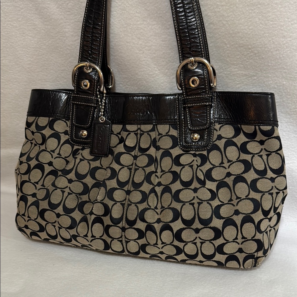 Coach Black and Grey Shoulder Bag with Signature Monogram
